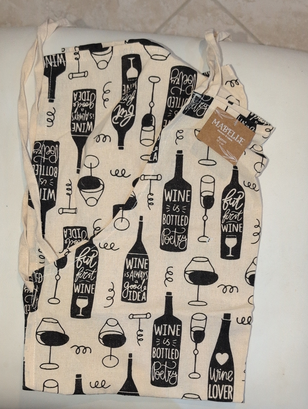 Mabelle Wine Print Cooking Apron - Black on Cream